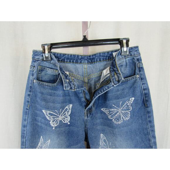Shein Medium High Waist Butterfly Straight Leg Jeans Medium Blue Denim - Picture 5 of 7